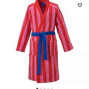Red and Pink Striped terry cloth Bathrobe with Blue Belt. New - never worn